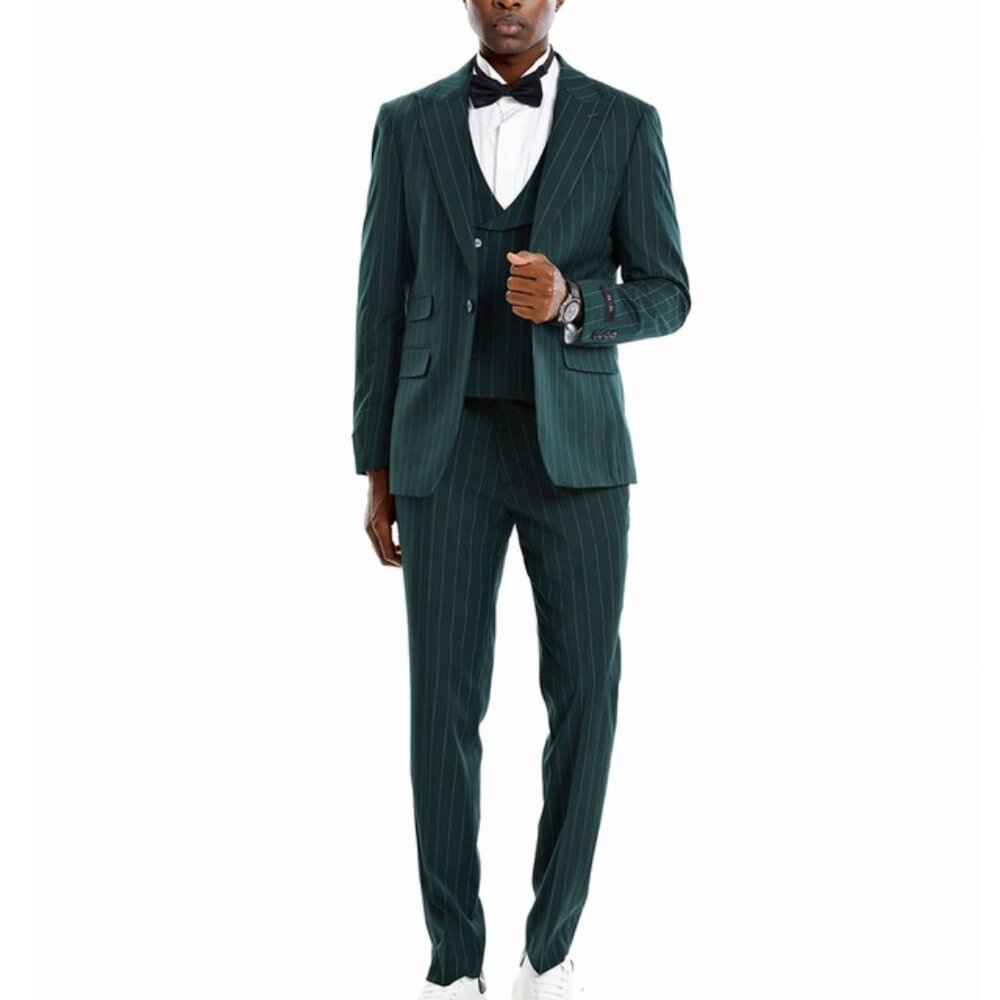 Hunter Green Pinstriped 3 Piece Peak Lapel Skinny Fit Tazzio Men's Suit